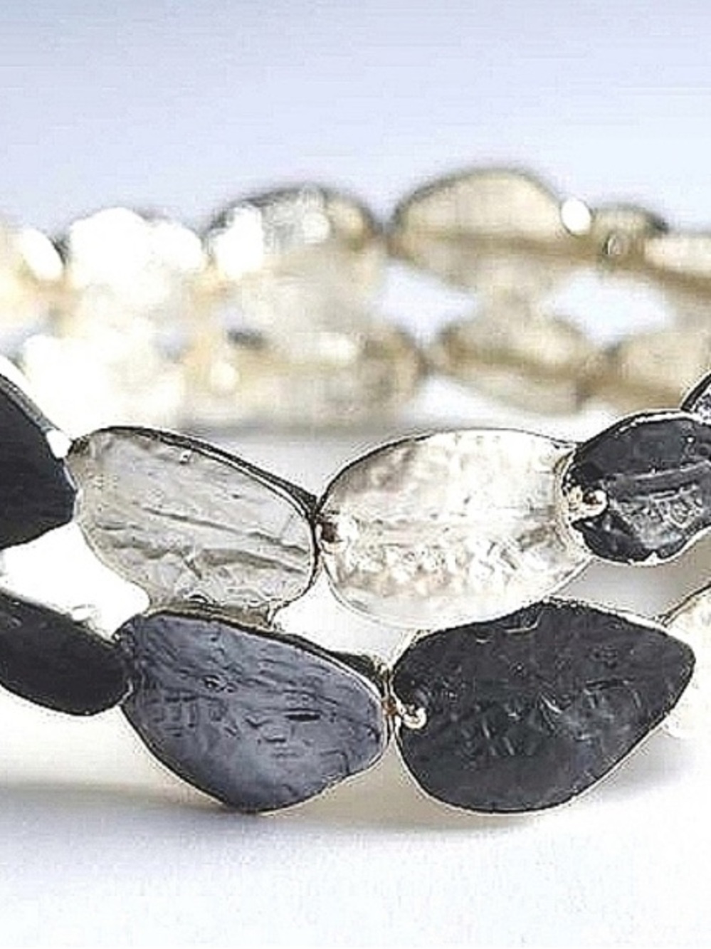 Handcrafted Stretchy Silver, Black and White Metal Leaf Bangle Bracelet